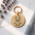 Gold Wire Haired Vizsla dog tag engraved with the Wire Haired Vizsla design and the name Rudi