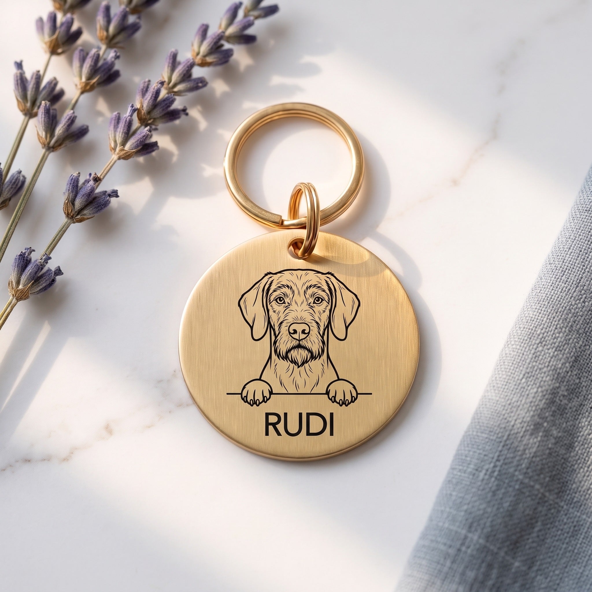 Gold Wire Haired Vizsla dog tag engraved with the Wire Haired Vizsla design and the name Rudi