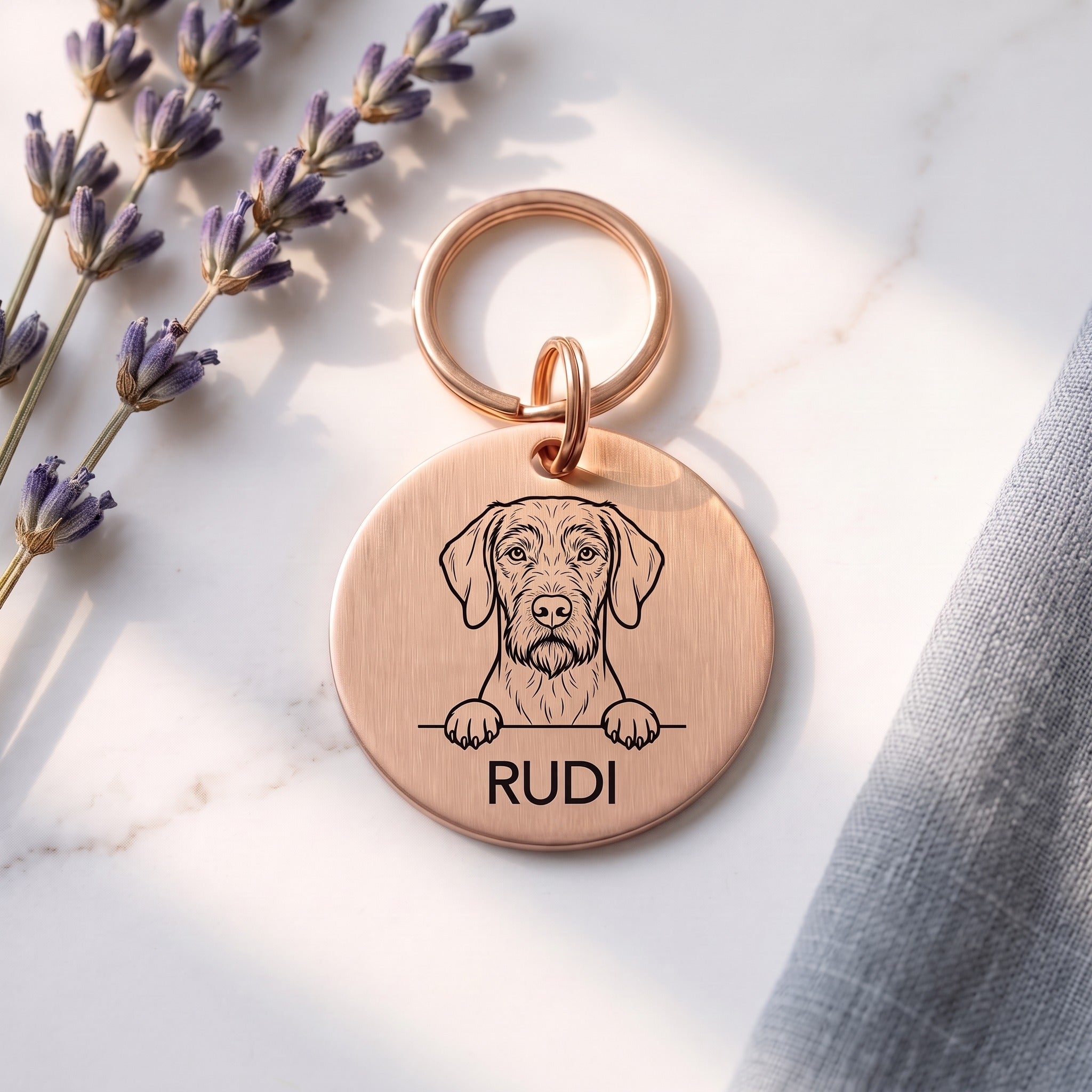 Rose gold personalised Wire Haired Vizsla dog tag in brushed stainless steel