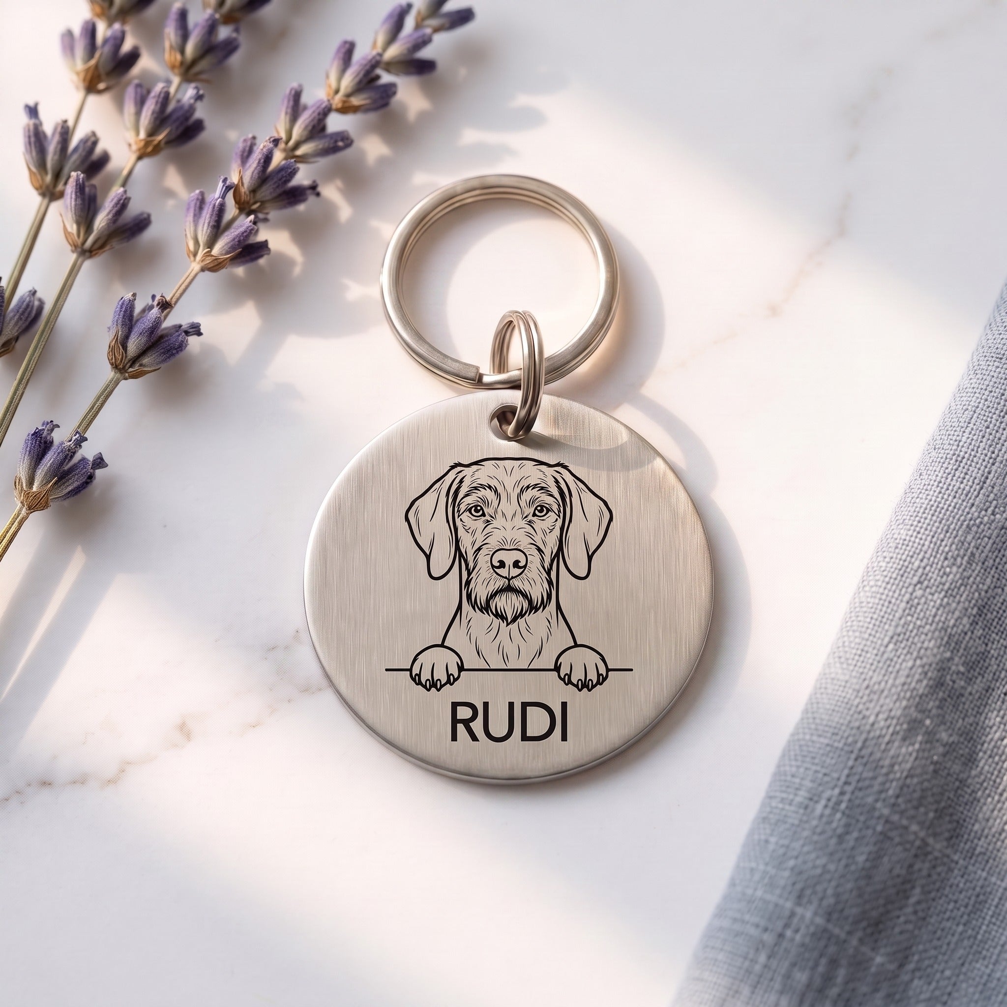 Silver personalised Wire Haired Vizsla dog tag in brushed stainless steel