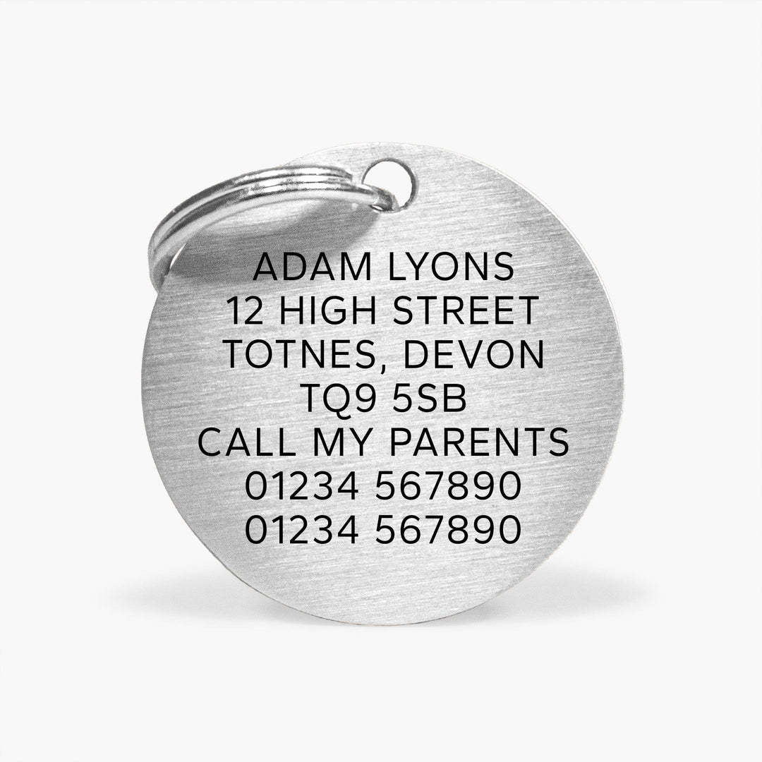 Personalised Dog ID Tag with Engraved Contact Details - Oh Bugger I'm Lost in Silver Stainless Steel