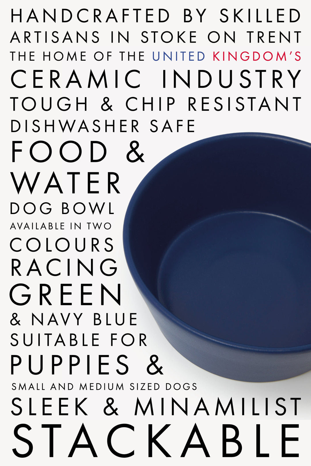 Ceramic food and water dog bowl, glazed in navy blue