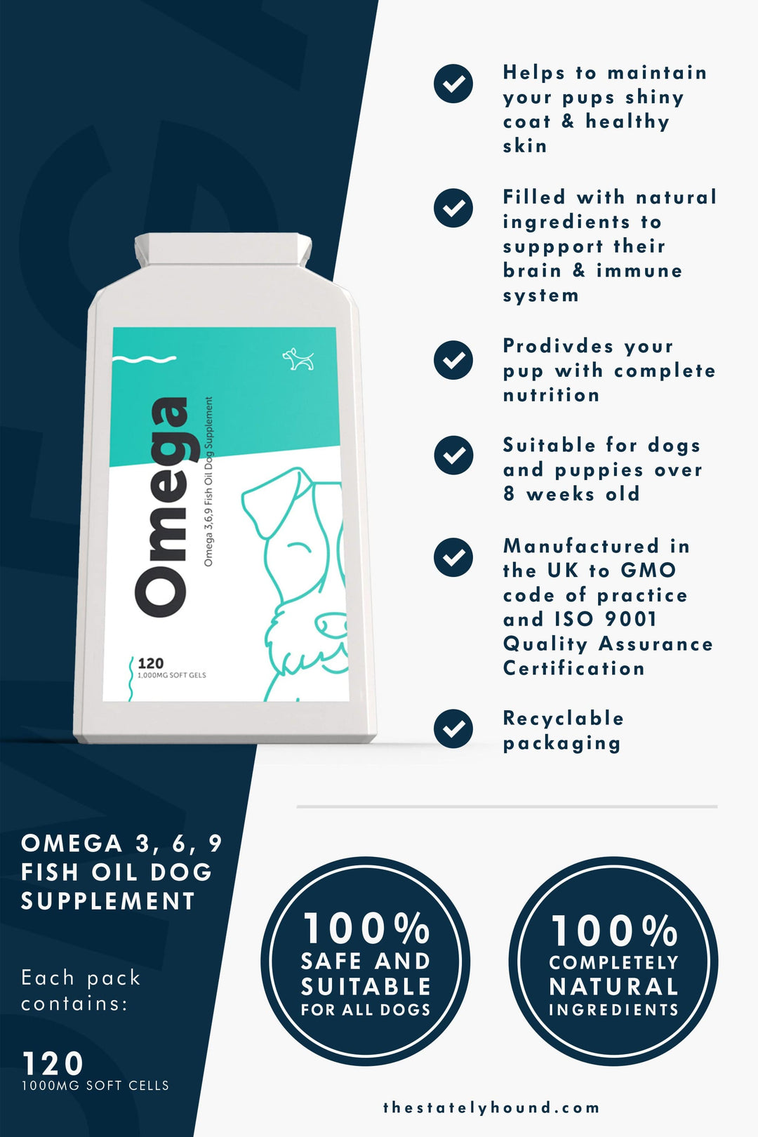 Skin and coat supplement, Omega 3, 6, 9 Fish Oil Complex for Dogs and Puppies