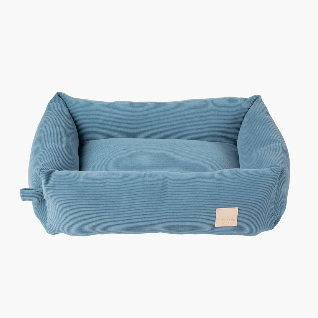 FuzzYard French Blue Corduroy Dog Bed, Luxurious Plush Bolster Design
