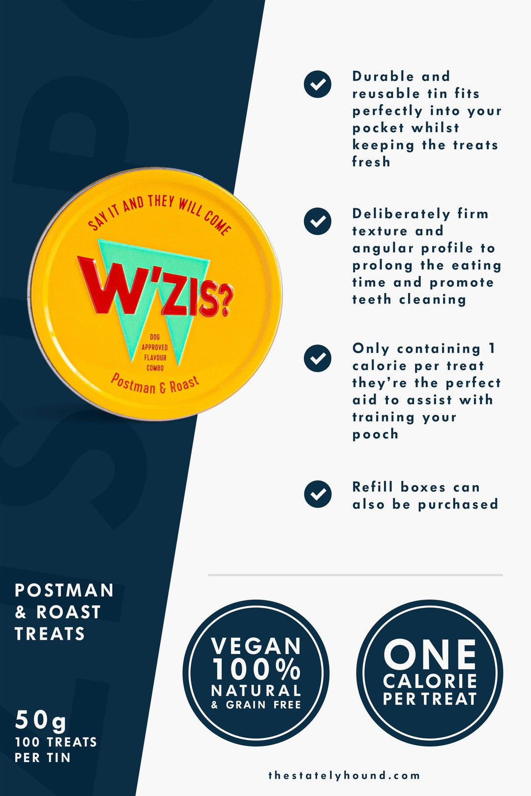 Natural Grain Free Vegan Bacon Dog Treats - W'ZIS? Tin & Refill Postman & Roast
