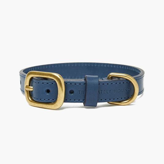 Sapphire Blue Leather Dog Collar with Gold Buckle