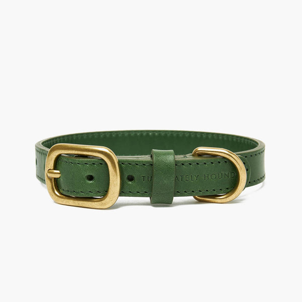 Hand-Stitched Premium Leather Dog Collar in Avocado Green with Brass Hardware