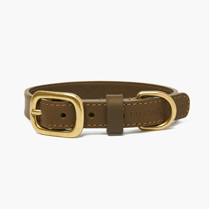 Hand-Stitched Premium Leather Dog Collar in Khaki Green with Brass Hardware