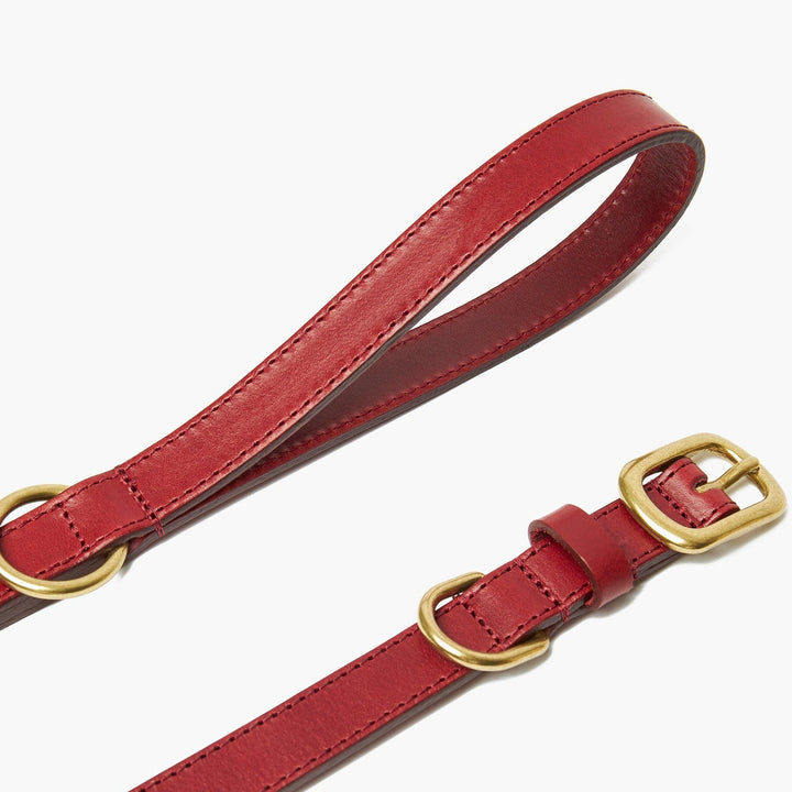 Hand-Stitched Premium Leather Dog Collar & Lead Set in Cherry Red with Brass Hardware