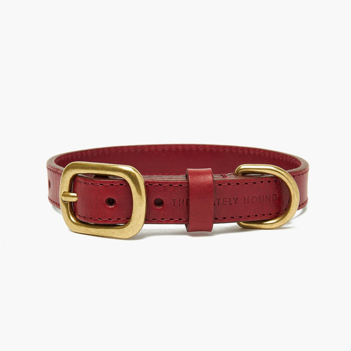 Hand-Stitched Premium Leather Dog Collar in Cherry Red with Brass Hardware