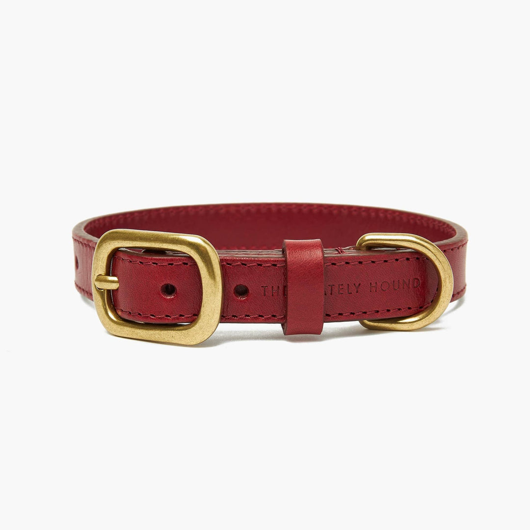 Hand-Stitched Premium Leather Dog Collar & Lead Set in Cherry Red with Brass Hardware