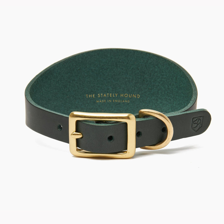 Brass Riveted Leather Sighthound Collar in Bottle Green
