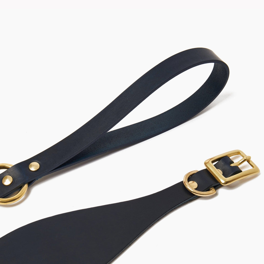 Brass Riveted Leather Sighthound Collar & Lead Set in Navy Blue