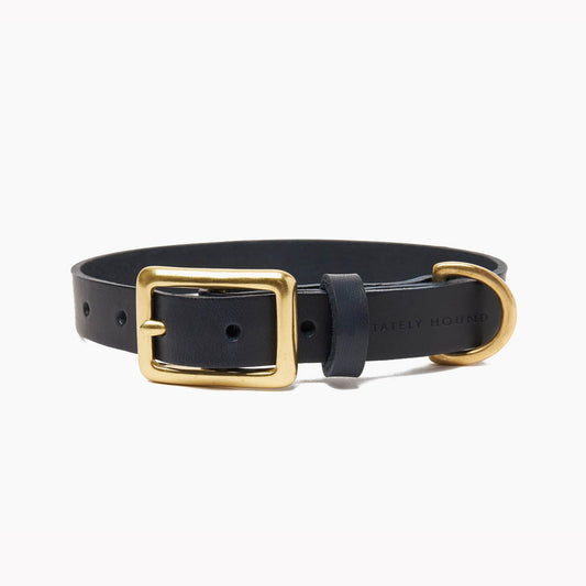 Dark Blue Leather Dog Collar with Solid Brass Buckle - Handcrafted in the UK