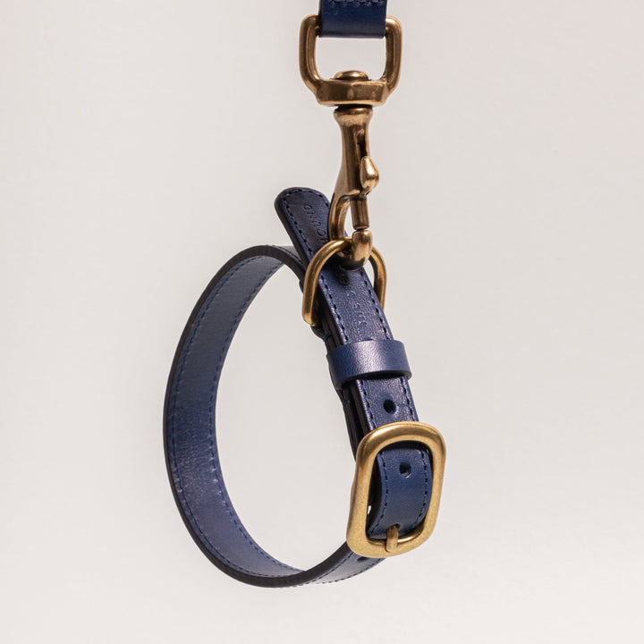 Hand-Stitched Premium Leather Dog Collar in Marine Blue with Brass Hardware