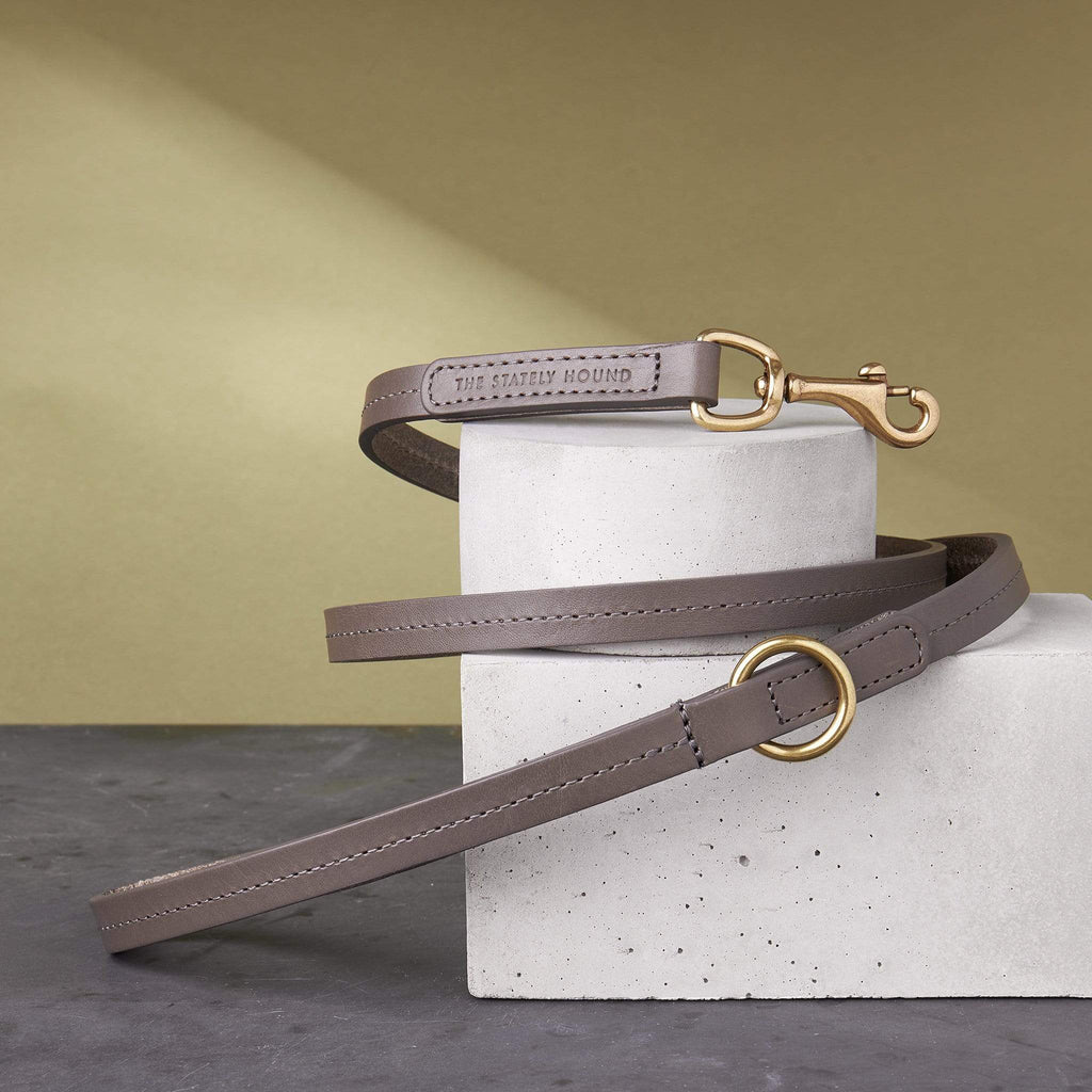 Luxury Taupe Grey Leather Dog Collar with Center Ring, Handmade in the UK