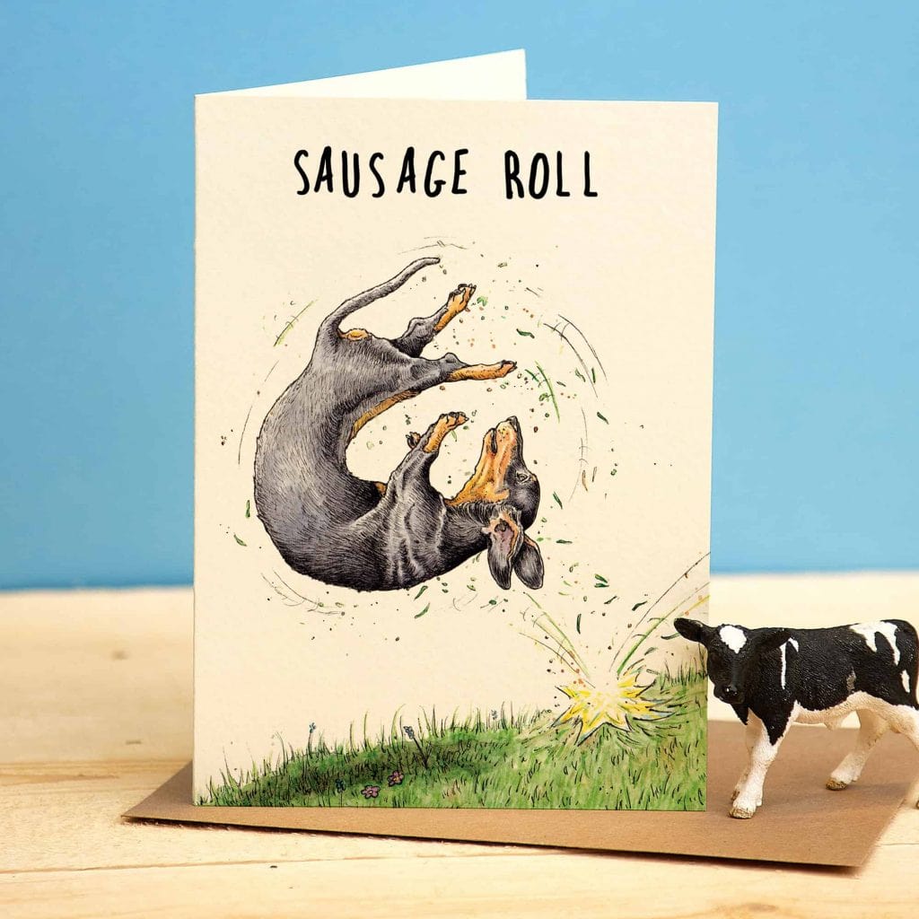 Rolling Dachshund Greetings Card – Humorous Sausage Dog Design