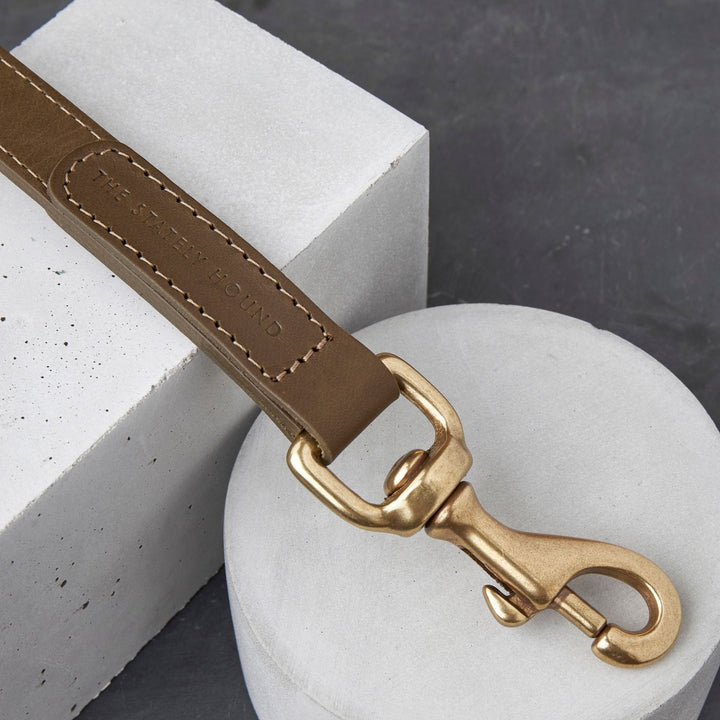 Hand-Stitched Premium Leather Dog Lead in Khaki Green with Brass Hardware