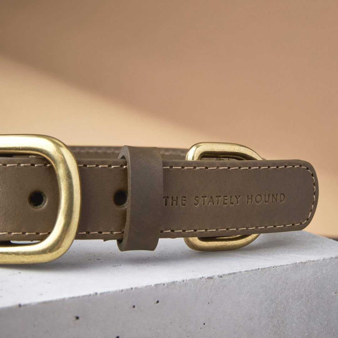 Hand-Stitched Premium Leather Dog Collar in Khaki Green with Brass Hardware